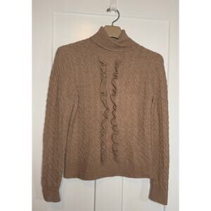 J.Crew Brown Wool Alpaca Cable Knit Ruffle Turtleneck Sweater Women’s Small